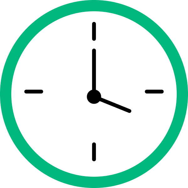 Un'icona minimalista a forma di orologio con bordo verde e lancette nere