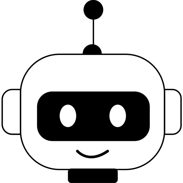 Um simples desenho em preto e branco de uma cabeça de robô sorridente