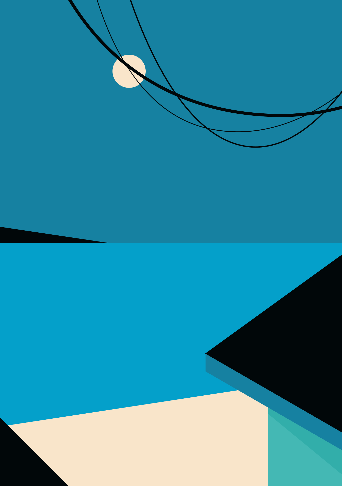 Formas geométricas abstratas em azul e preto com uma lua circular pálida