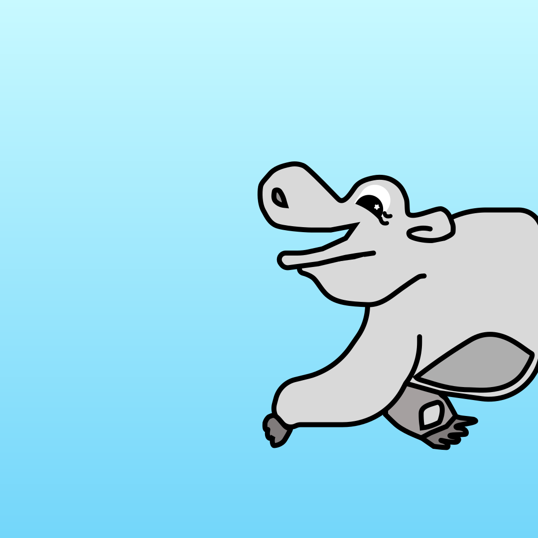 A cartoon grey hippopotamus running against a light blue gradient background