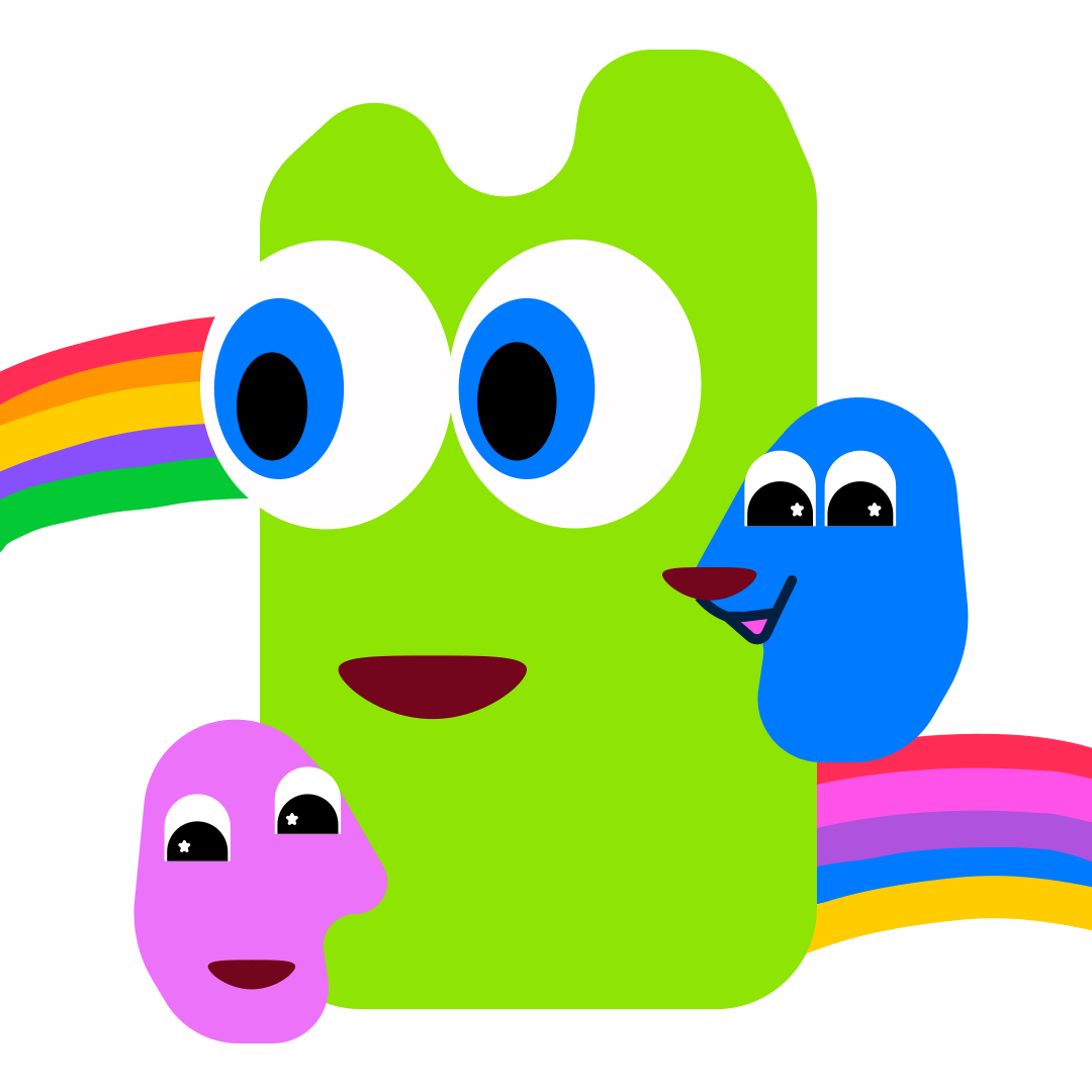 Eine große grüne Figur mit blauen Augen neben pinken und blauen Figuren und Regenbögen