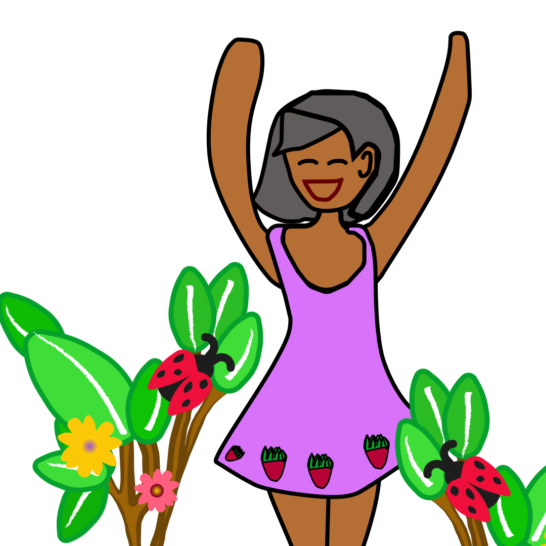 Uma pessoa com um vestido roxo com padrões de morango em pé entre flores e joaninhas