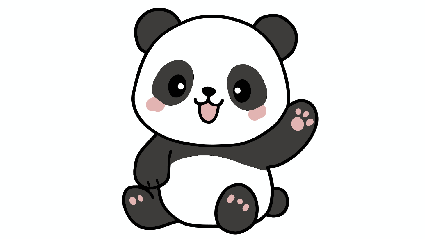 Un panda de dibujos animados saludando con una expresión feliz sobre un fondo blanco