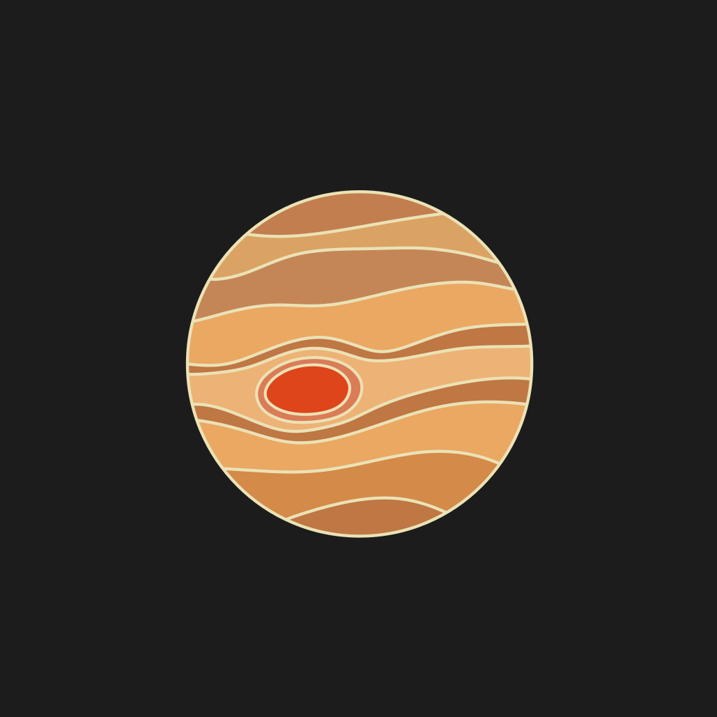 Planet bergaya dengan pita coklat dan coklat muda serta bintik oval merah