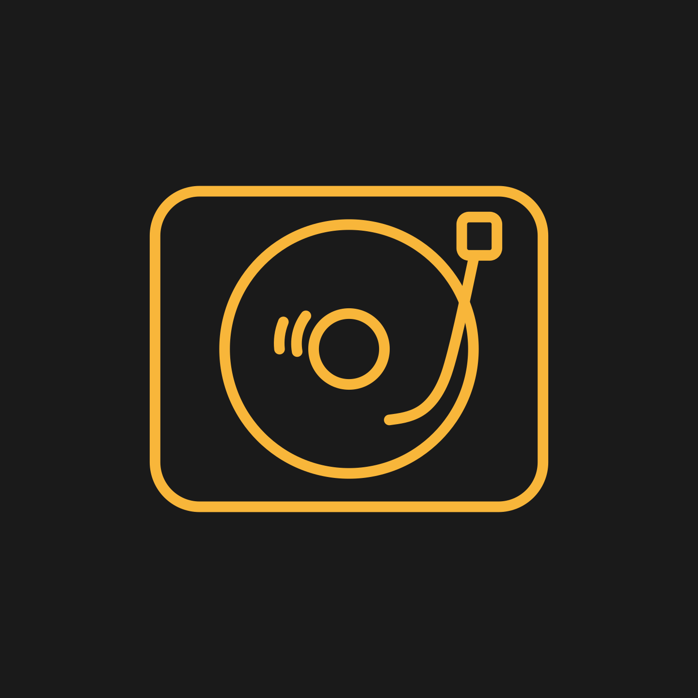 Un icono de línea amarilla de un tocadiscos de vinilo sobre fondo negro