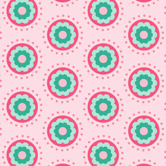 A repeating pattern of pink circles with teal flowers on a light pink background