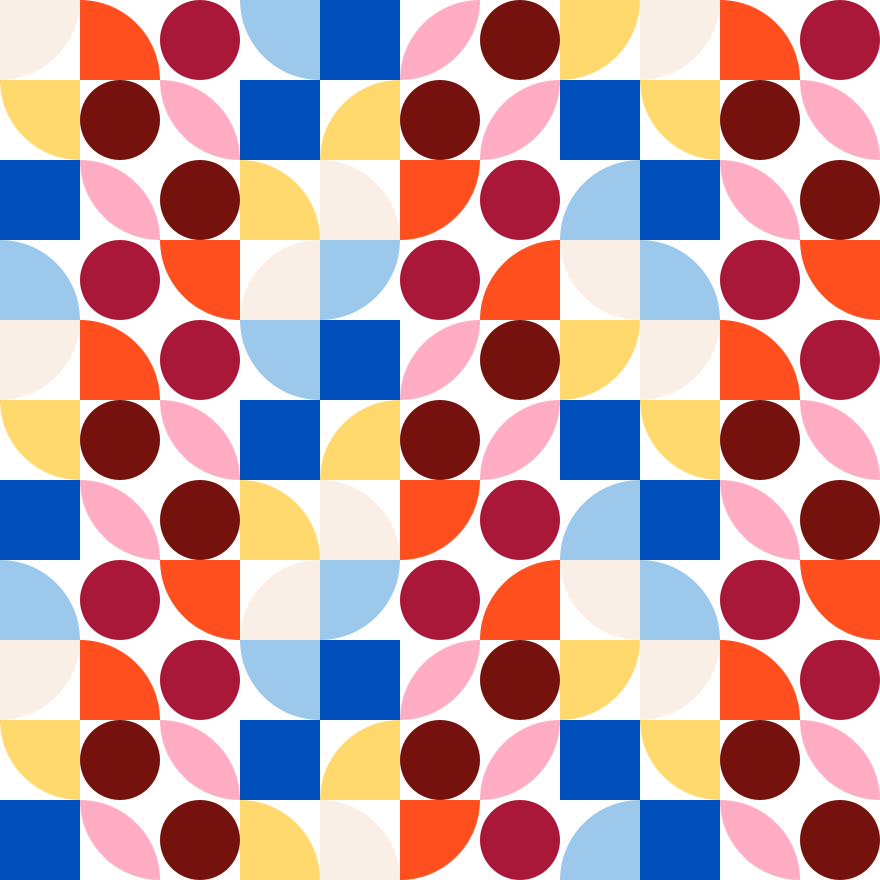Pola geometris berulang berupa lingkaran warna-warni, kotak, dan semi-lingkaran di atas latar putih