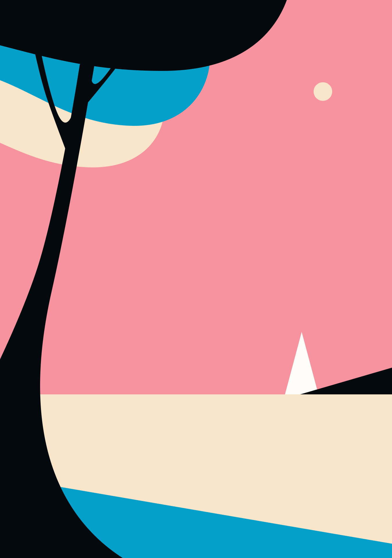 A stylized tree silhouette against a pink sky with a small white sailboat