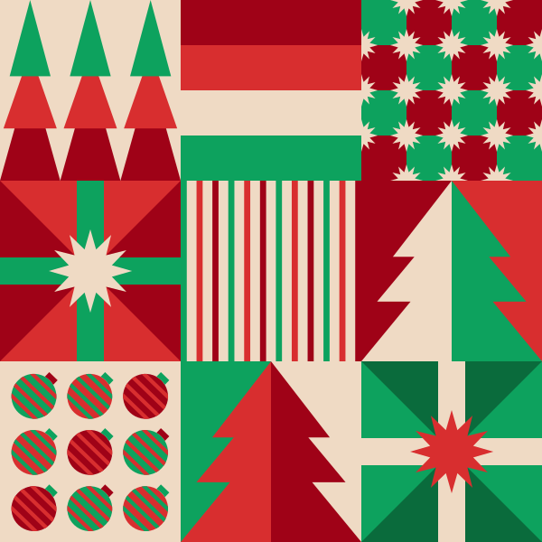 A grid of geometric Christmas patterns featuring trees, ornaments, and stars in red and green