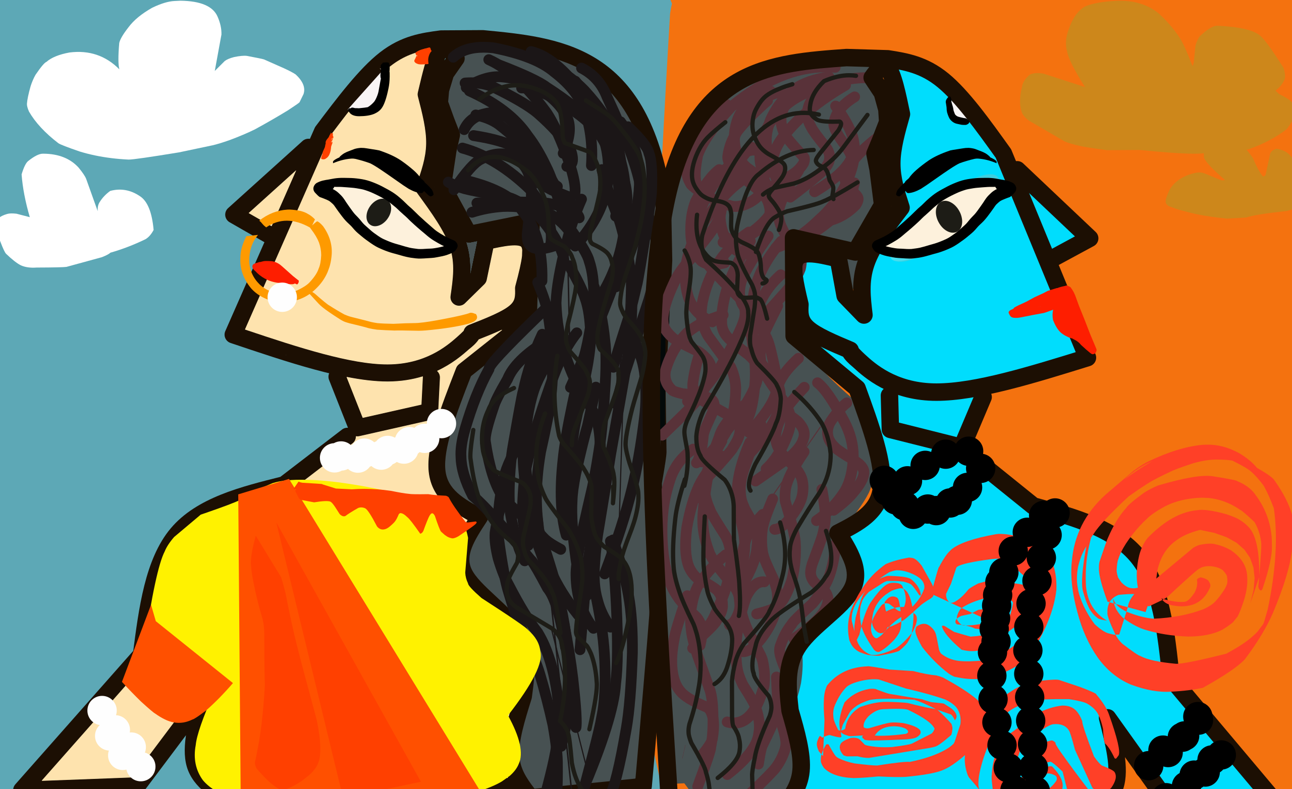Two stylized figures back to back against blue and orange backgrounds