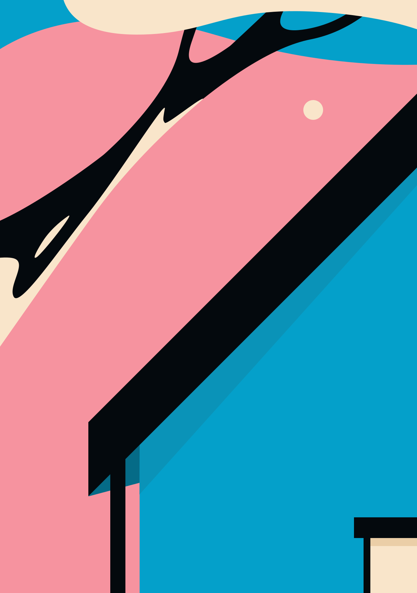 Abstract shapes in pink and blue with a black silhouette of a tree
