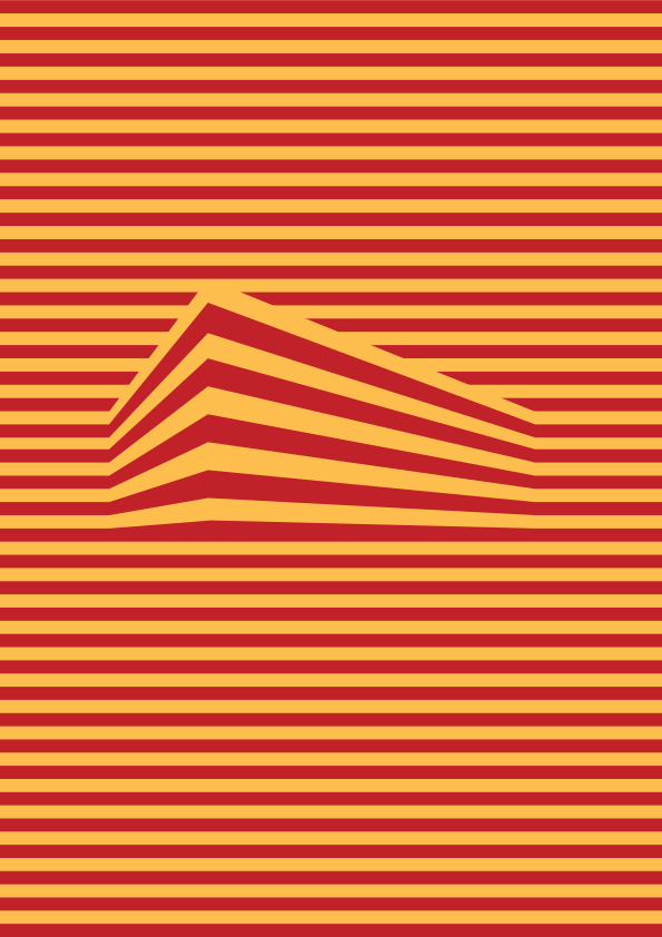 A red and yellow striped pattern forming a three-dimensional geometric shape