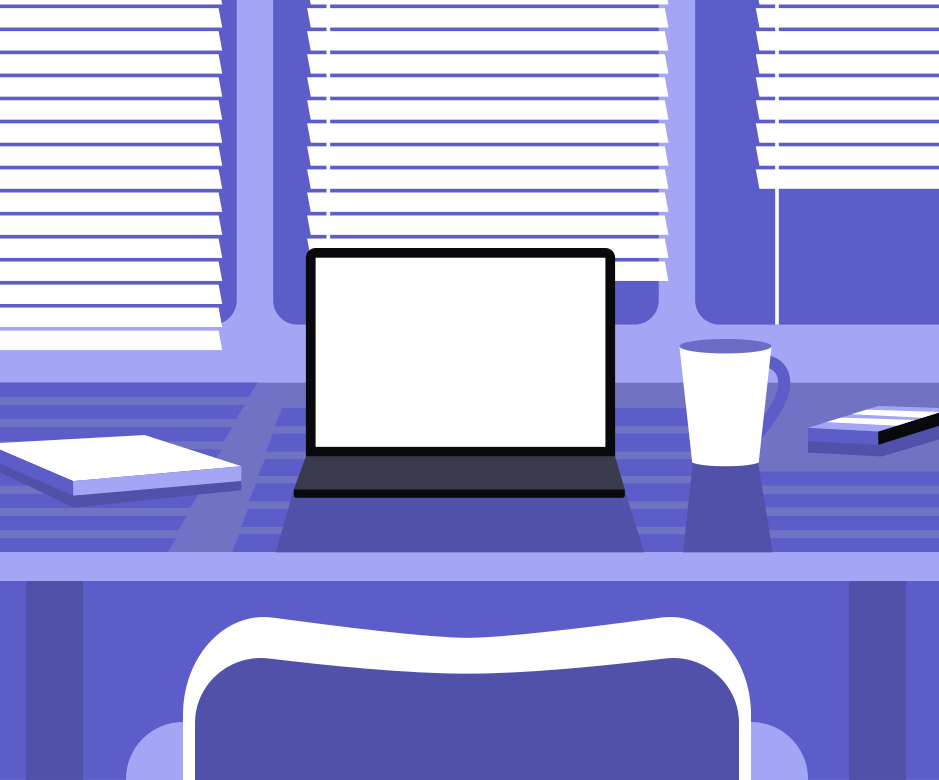 A laptop with a blank screen on a desk with a mug and notebook
