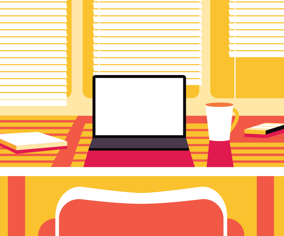Um laptop com tela em branco em uma mesa com uma caneca e um caderno