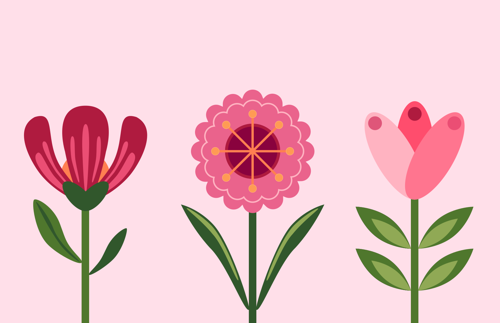 Tres flores estilizadas con tallos y hojas verdes sobre un fondo rosa claro