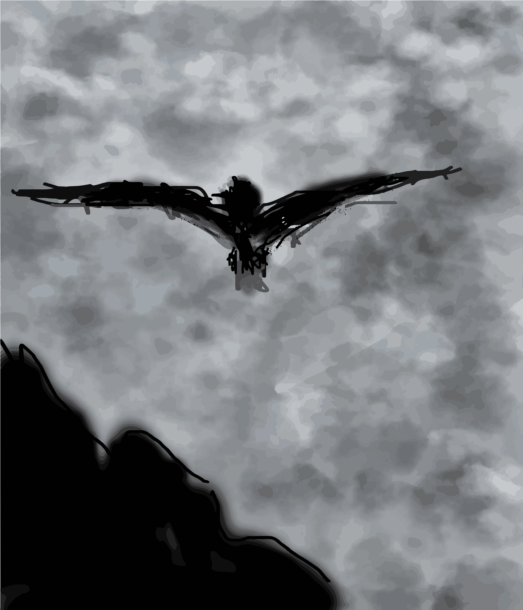 Un oiseau sombre en vol contre un ciel gris et nuageux au-dessus d’une montagne