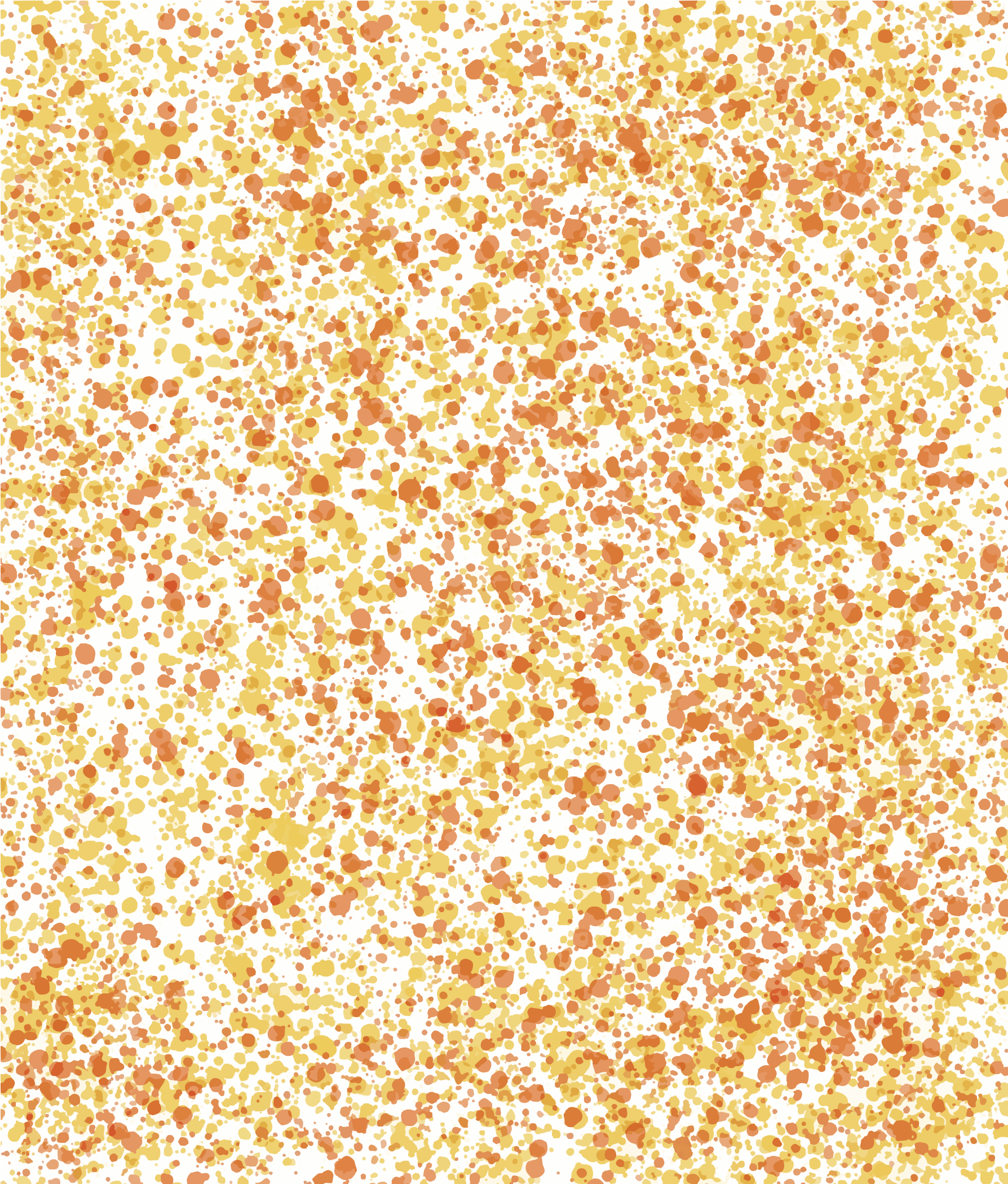 Un patrón de pintura amarilla y naranja dispersa salpica sobre un fondo blanco