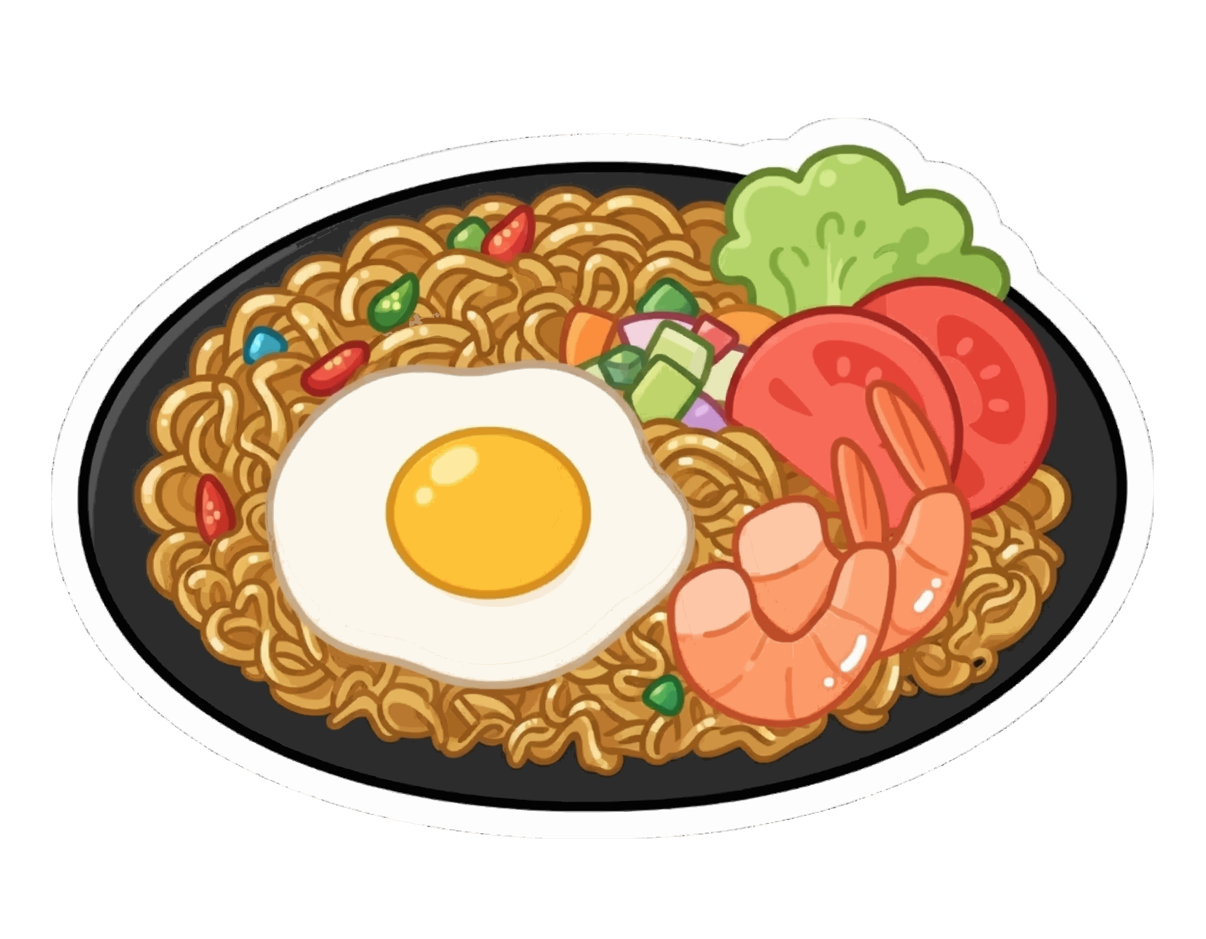 Una ciotola di noodles guarnita con uovo fritto, gamberi e verdure fresche