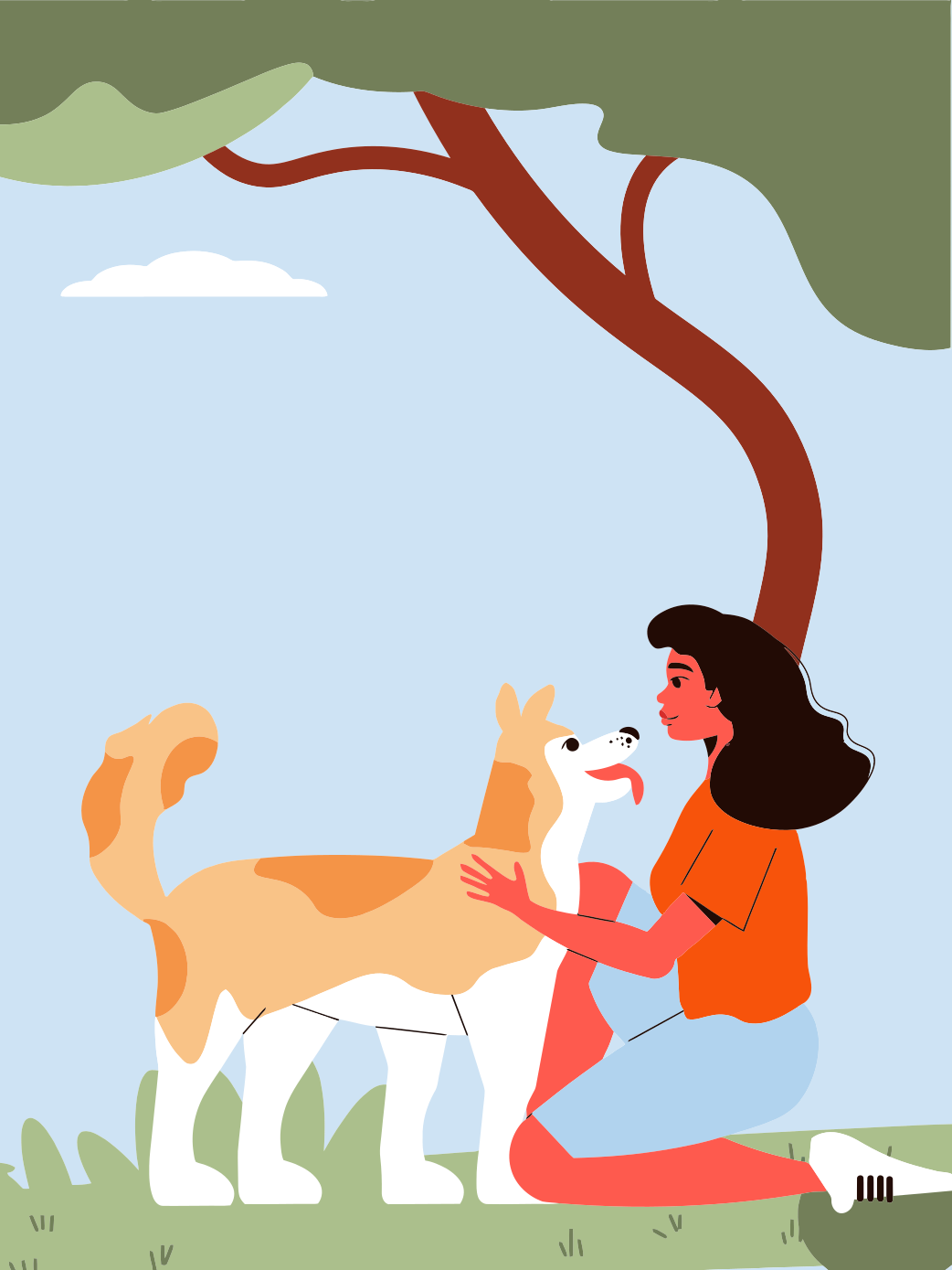 A woman kneeling and petting a dog under a tree in a park