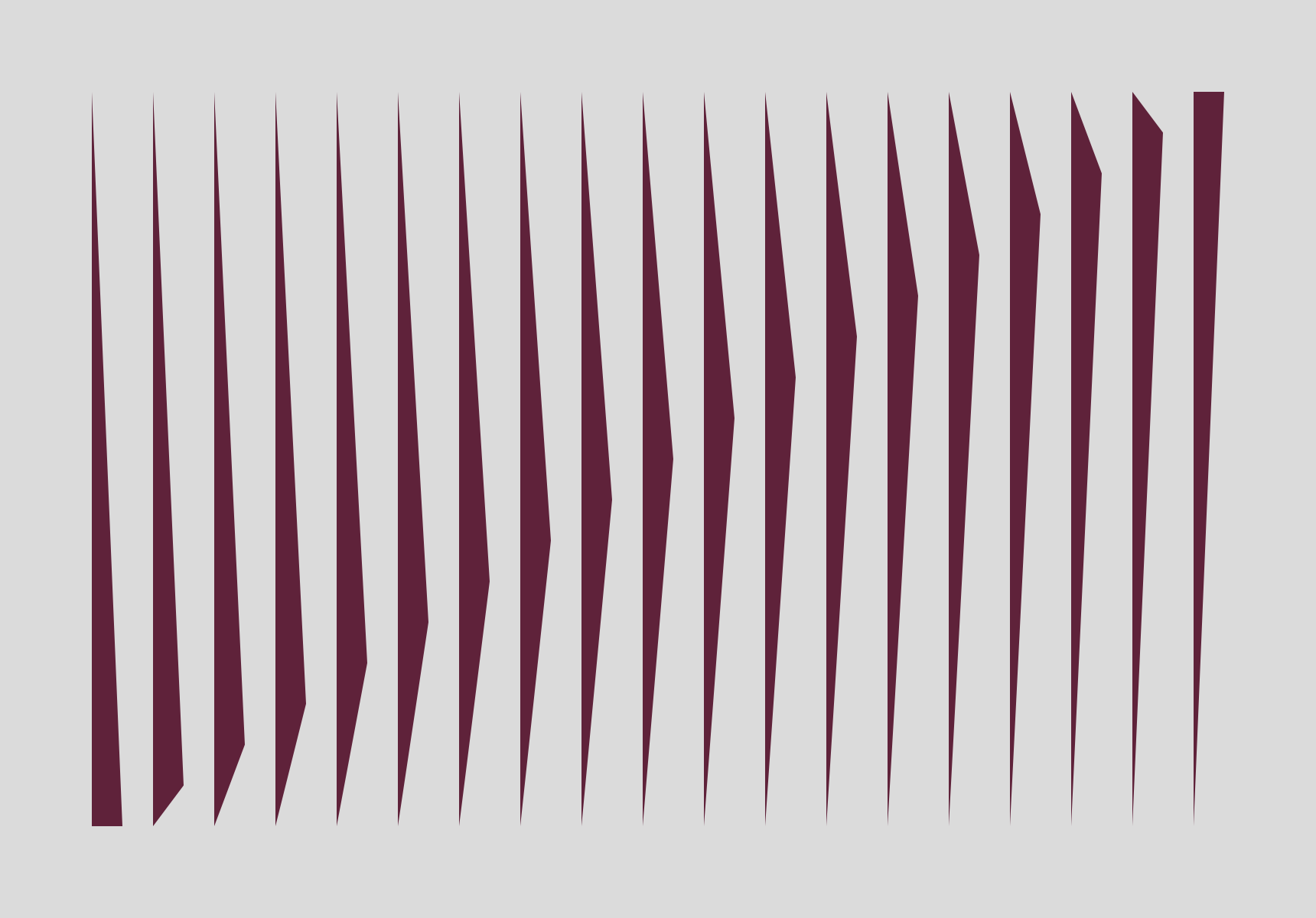 A series of dark maroon vertical shapes with varying angles on a grey background