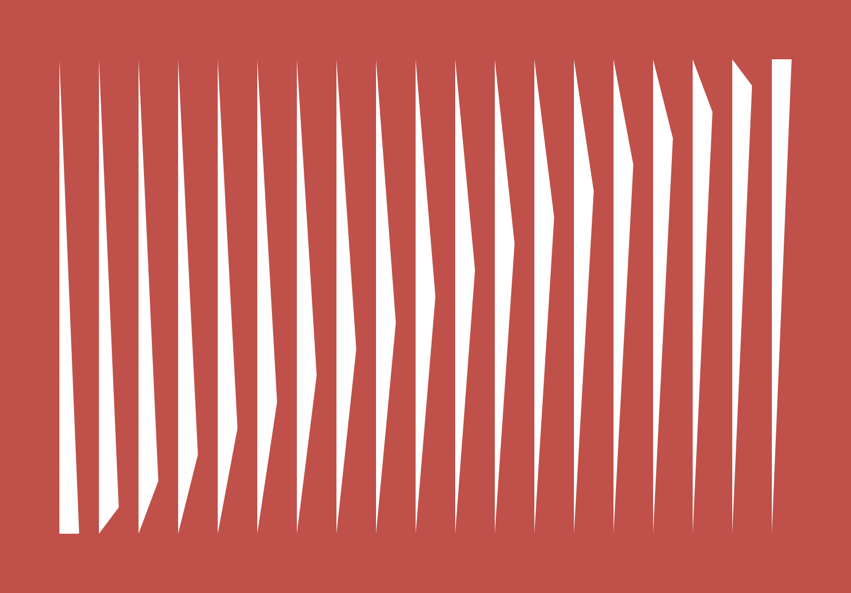 Uma série de formas brancas verticais afiladas sobre um fundo vermelho sólido