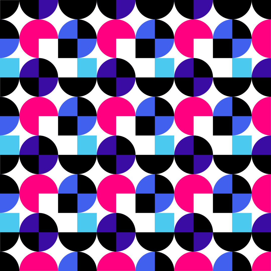 A repeating geometric pattern of black, pink, blue, and purple circles and squares