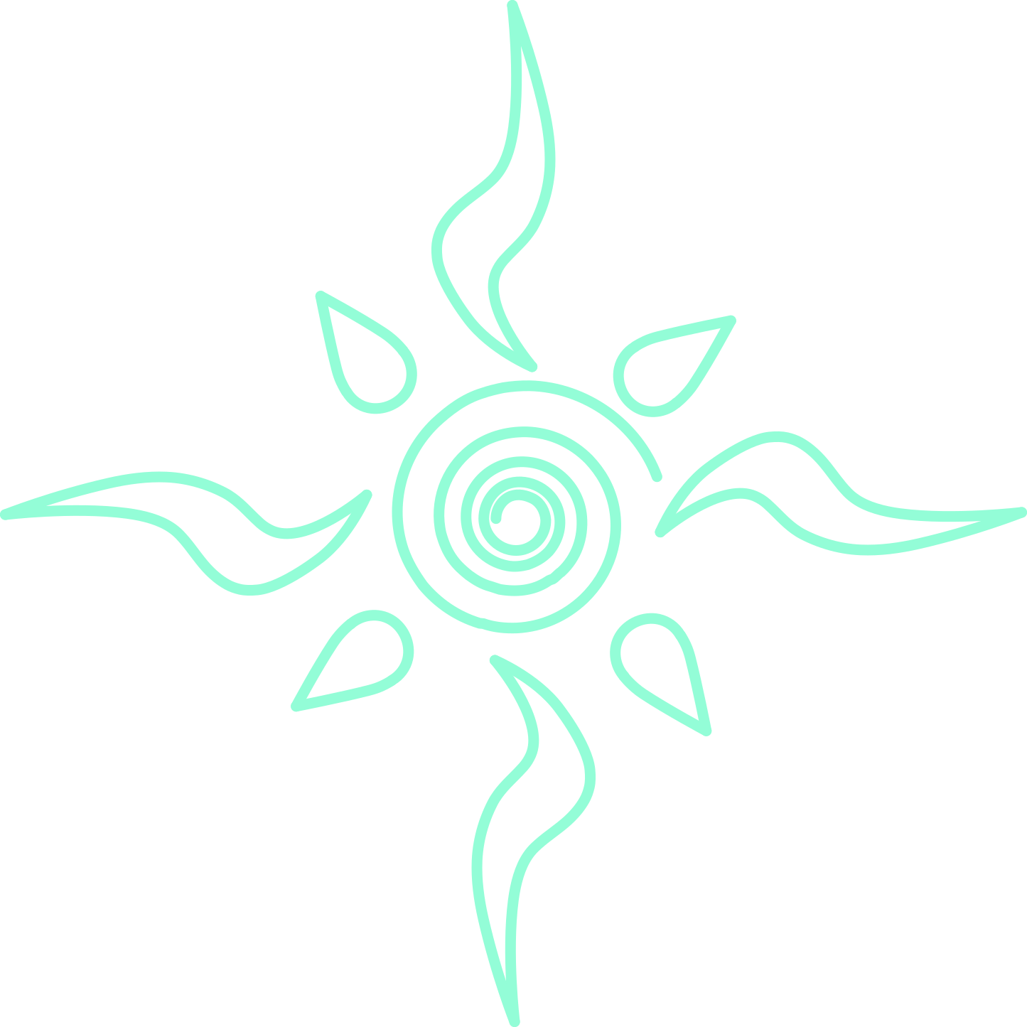 Eine mintgrüne Linienzeichnung einer stilisierten Sonne mit einer zentralen Spirale