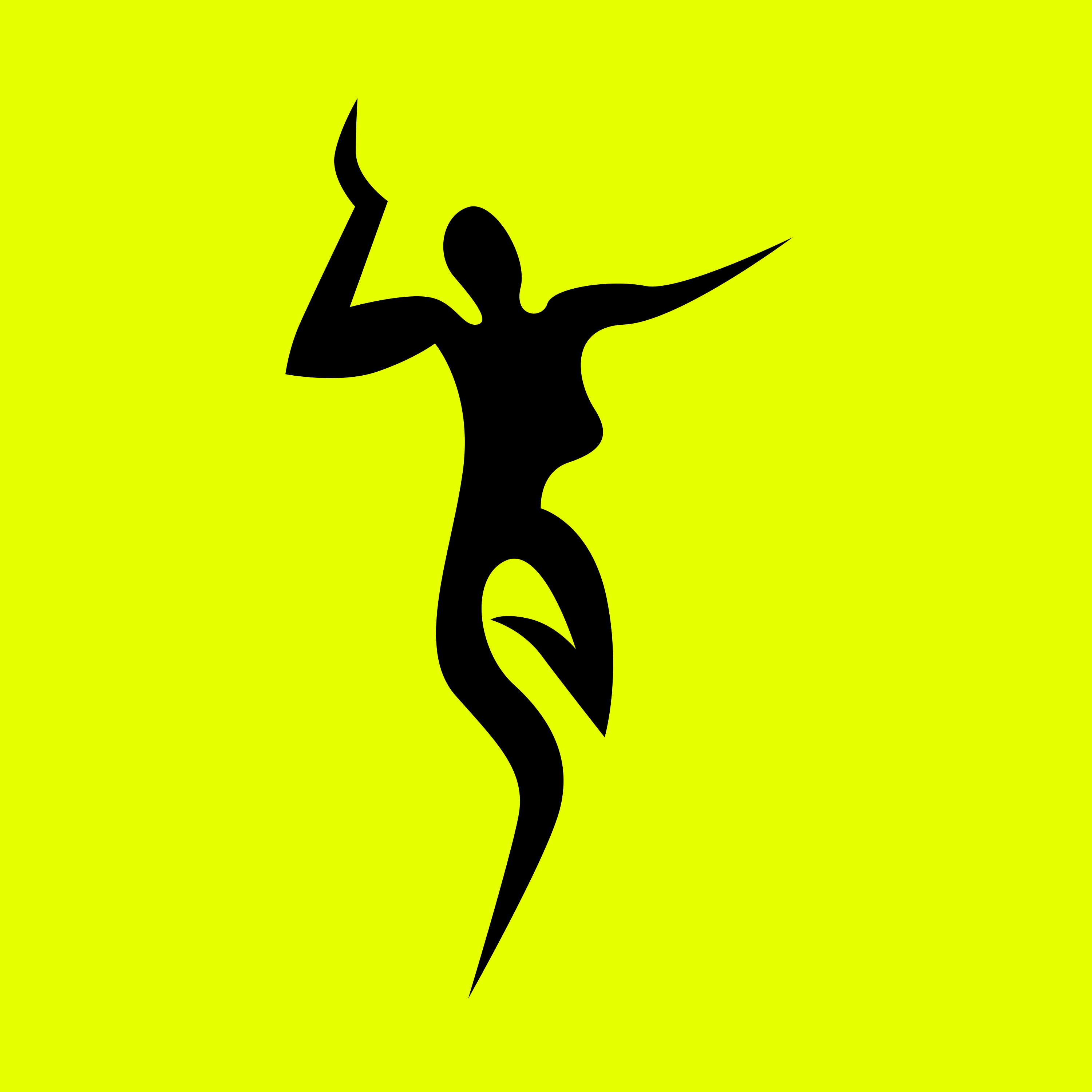 Eine schwarze Silhouette einer Person, die vor einem leuchtend gelben Hintergrund tanzt