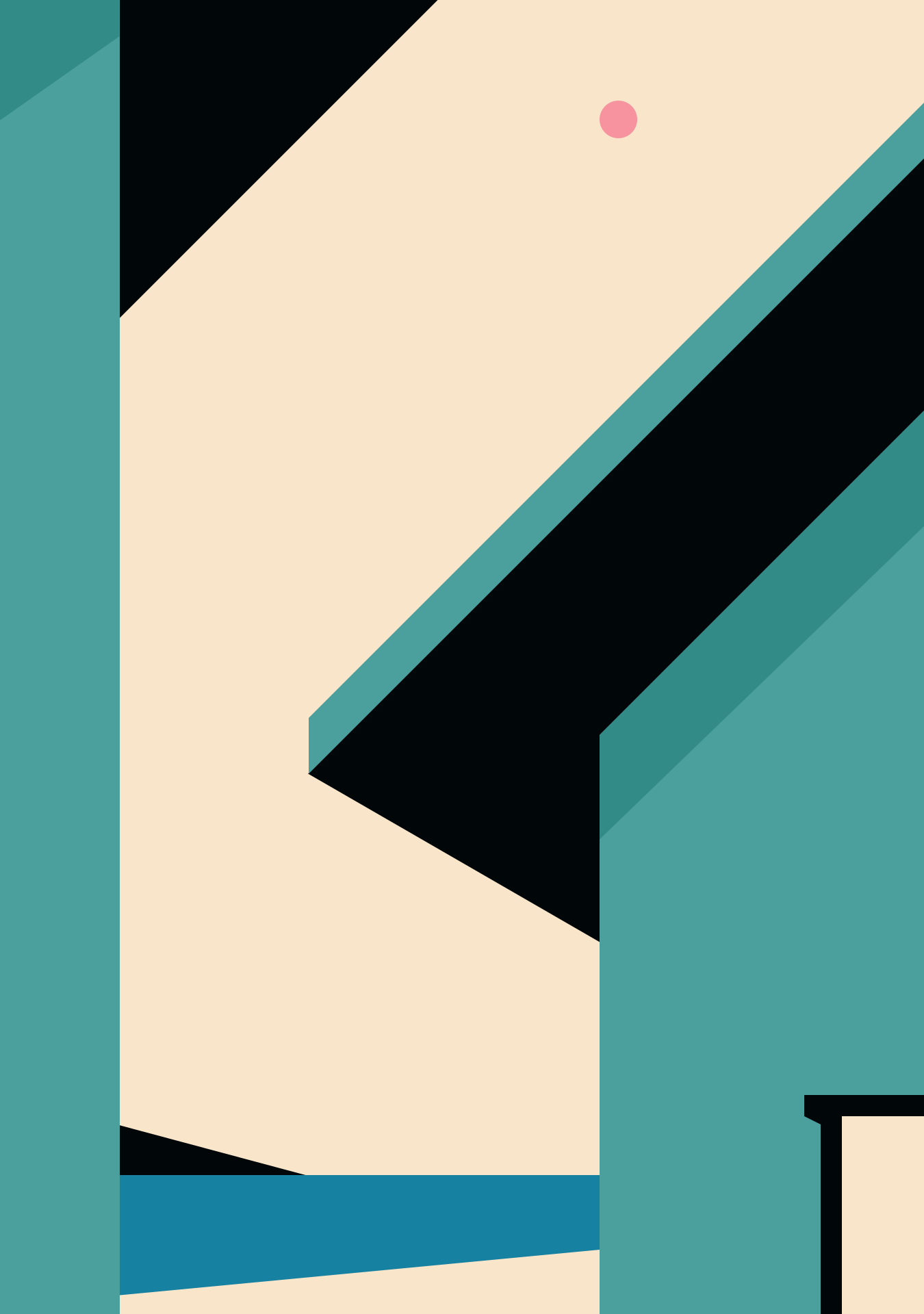 Abstract geometric shapes in teal, cream, and black with a small pink circle