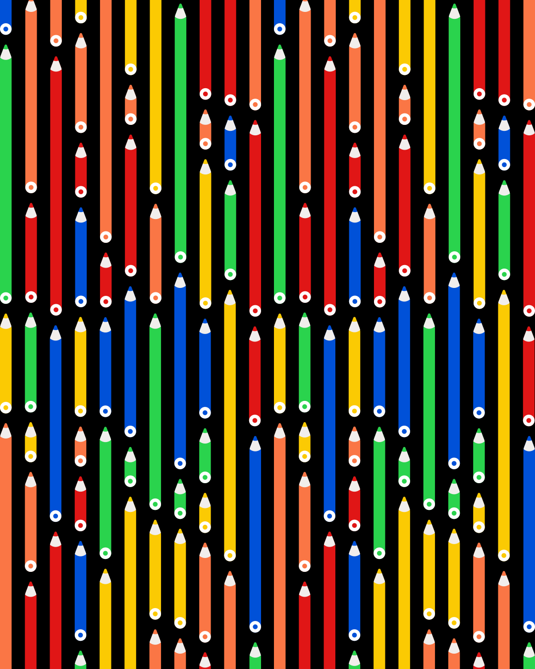 Many colorful pencils arranged in vertical rows against a solid black background