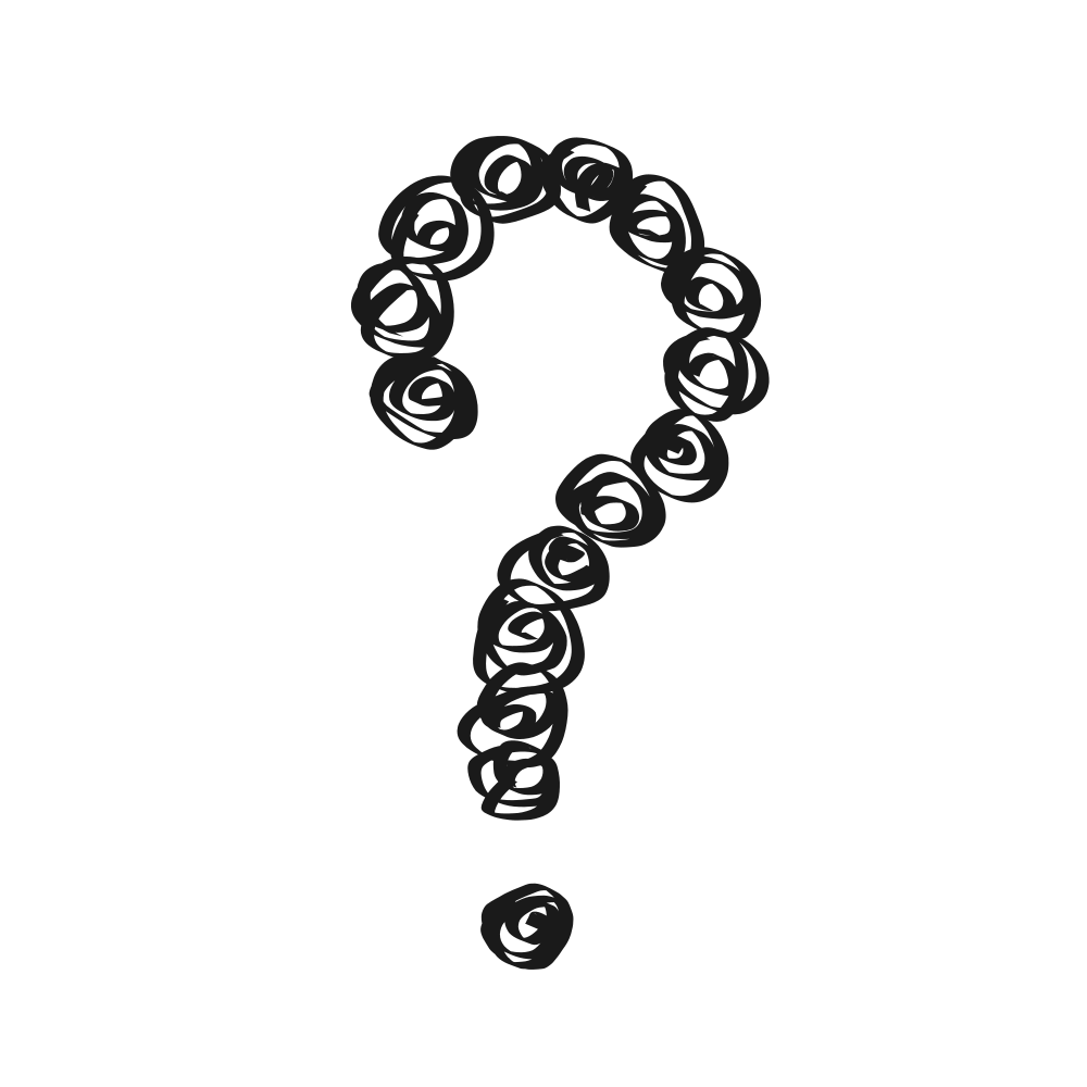 A question mark formed by a series of black hand-drawn circular scribbles