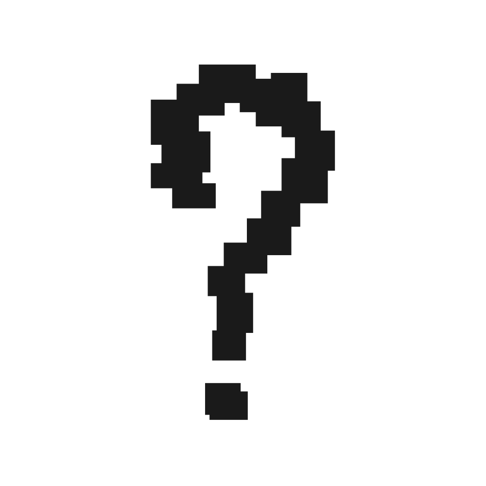 A black pixelated question mark symbol on a white background