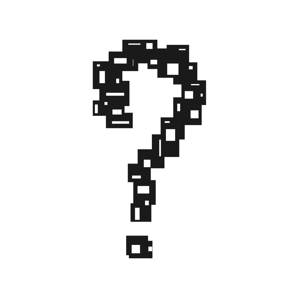 A question mark symbol formed by small black squares on a white background
