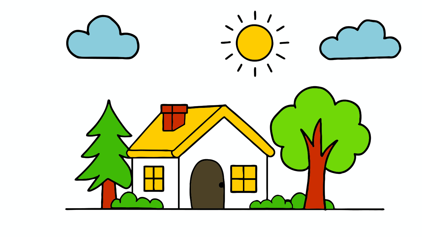 Uma casa simples com um telhado amarelo entre um pinheiro e uma árvore caducifólia