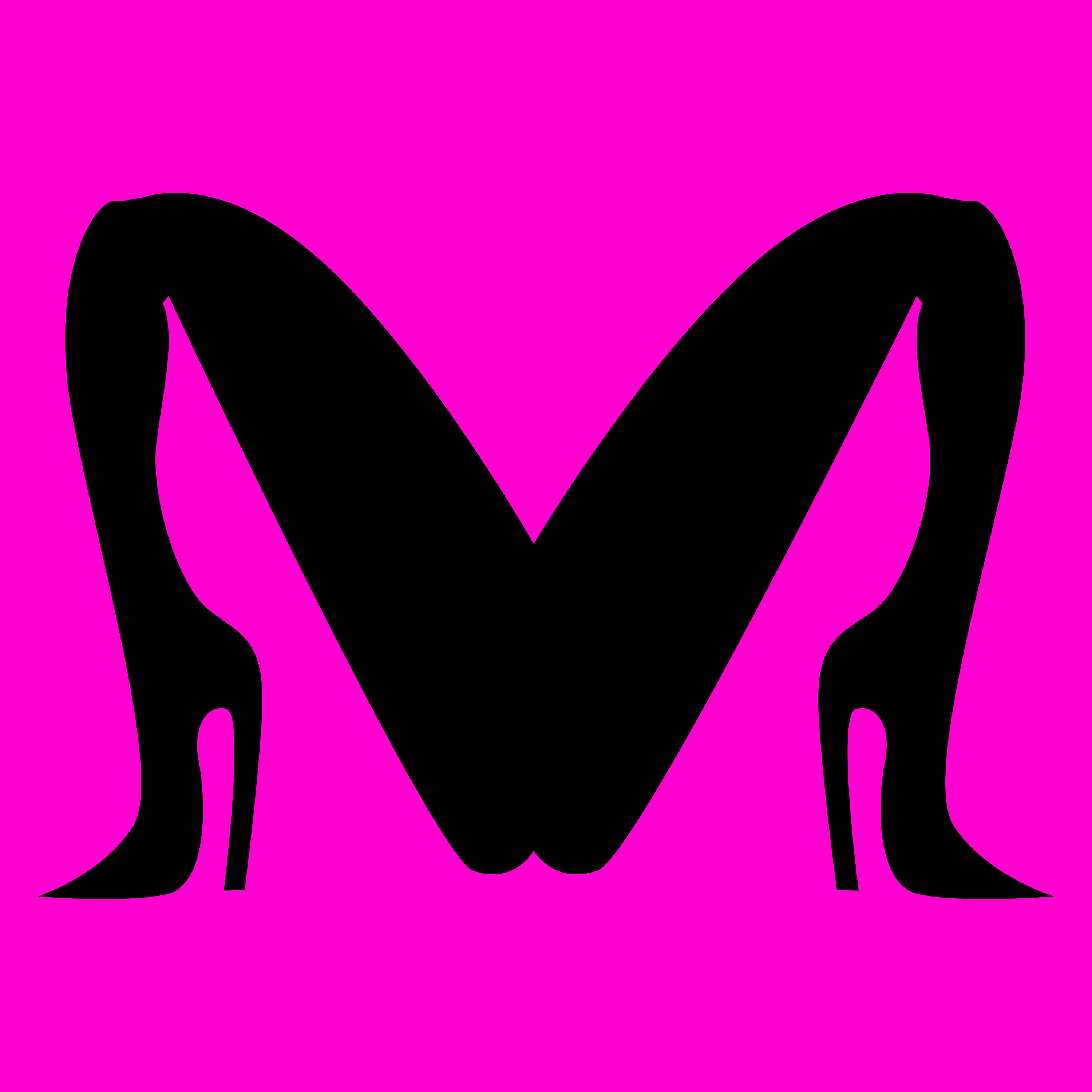 Siluetas negras de dos piernas con tacones altos sobre un fondo rosa brillante