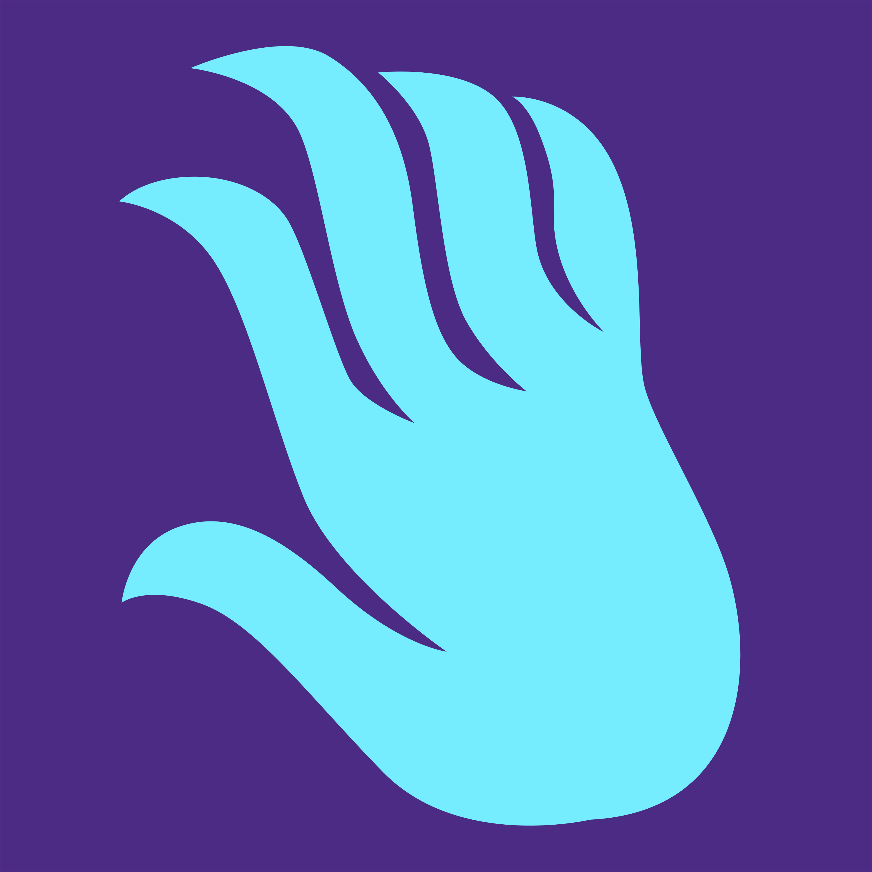 Uma forma estilizada de mão azul claro sobre um fundo roxo escuro sólido