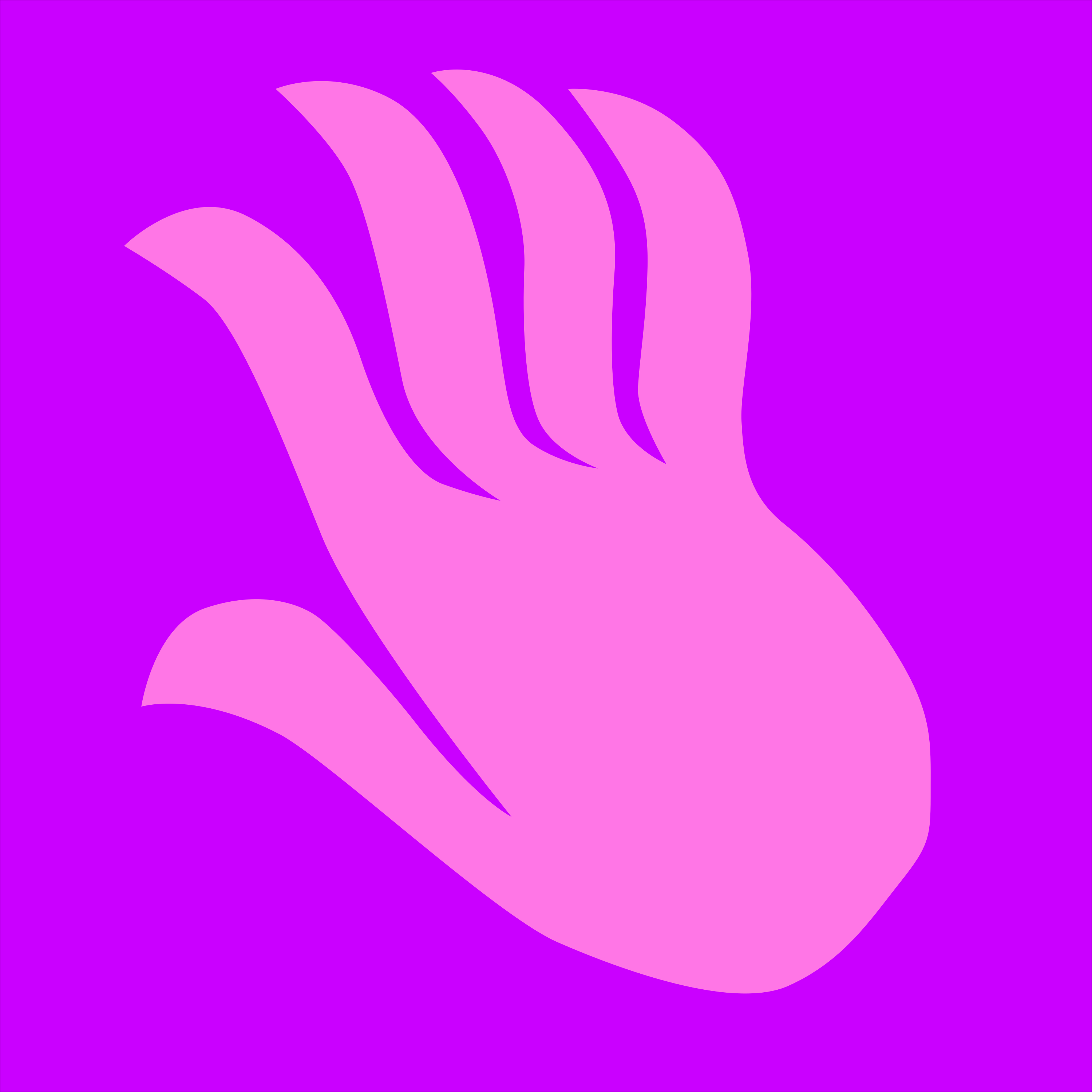 A stylized pink hand shape on a vibrant purple background
