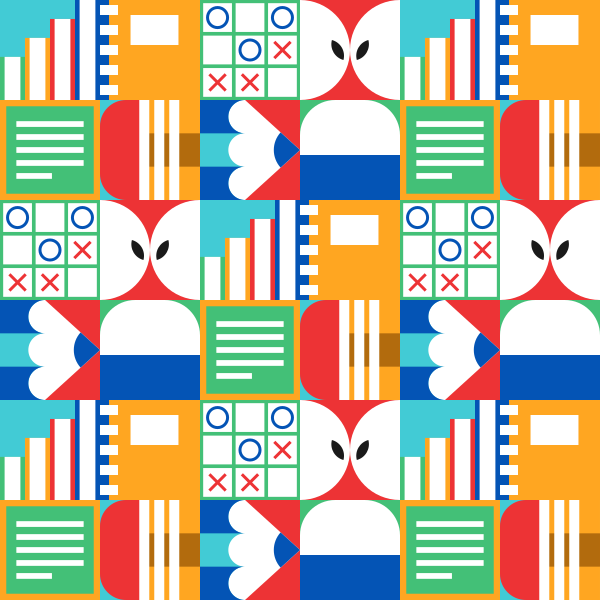 A repeating pattern of colorful geometric shapes including tic-tac-toe grids and bar charts