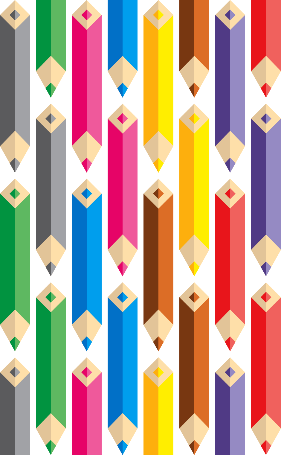 Um padrão repetitivo de lápis coloridos dispostos em fileiras verticais sobre branco