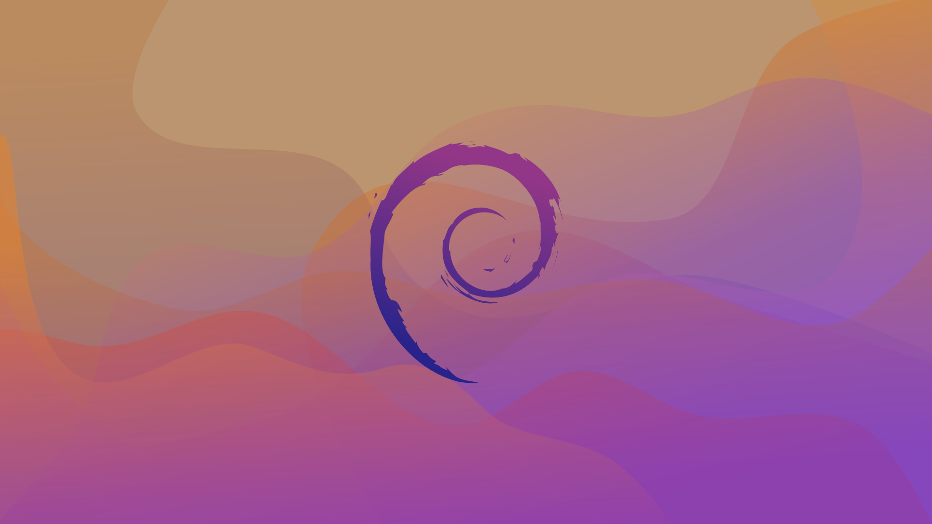 A purple swirl logo centered on a background of soft orange and purple waves