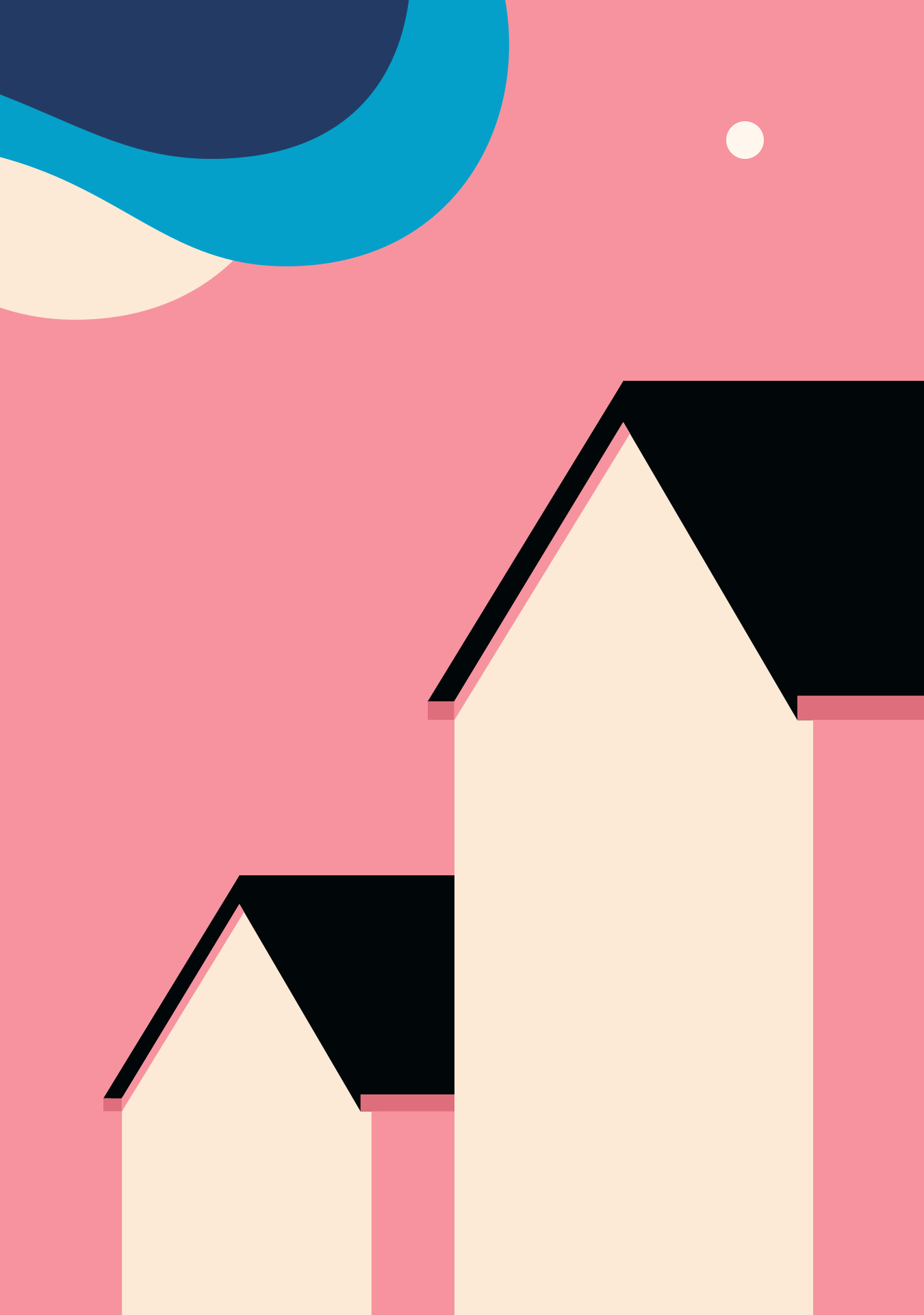 Duas casas estilizadas com telhados pretos sobre fundo rosa com formas abstratas