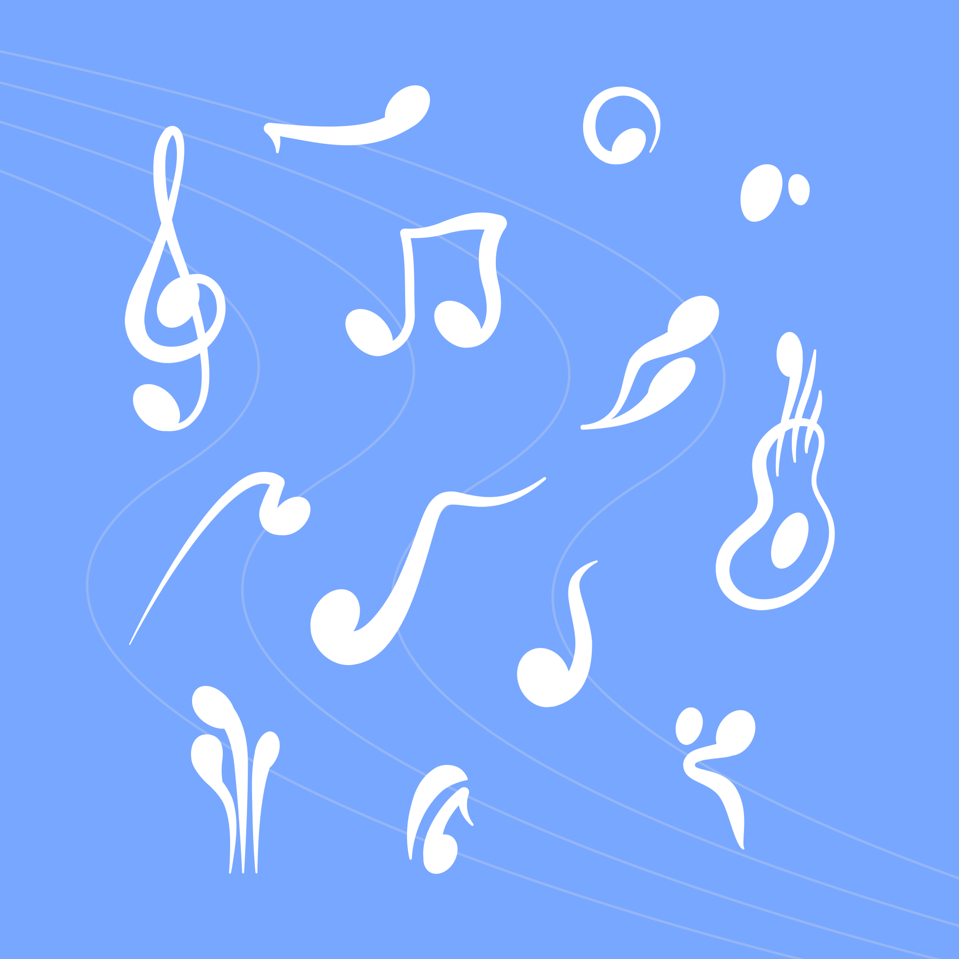 White musical notes and a guitar silhouette on a light blue background
