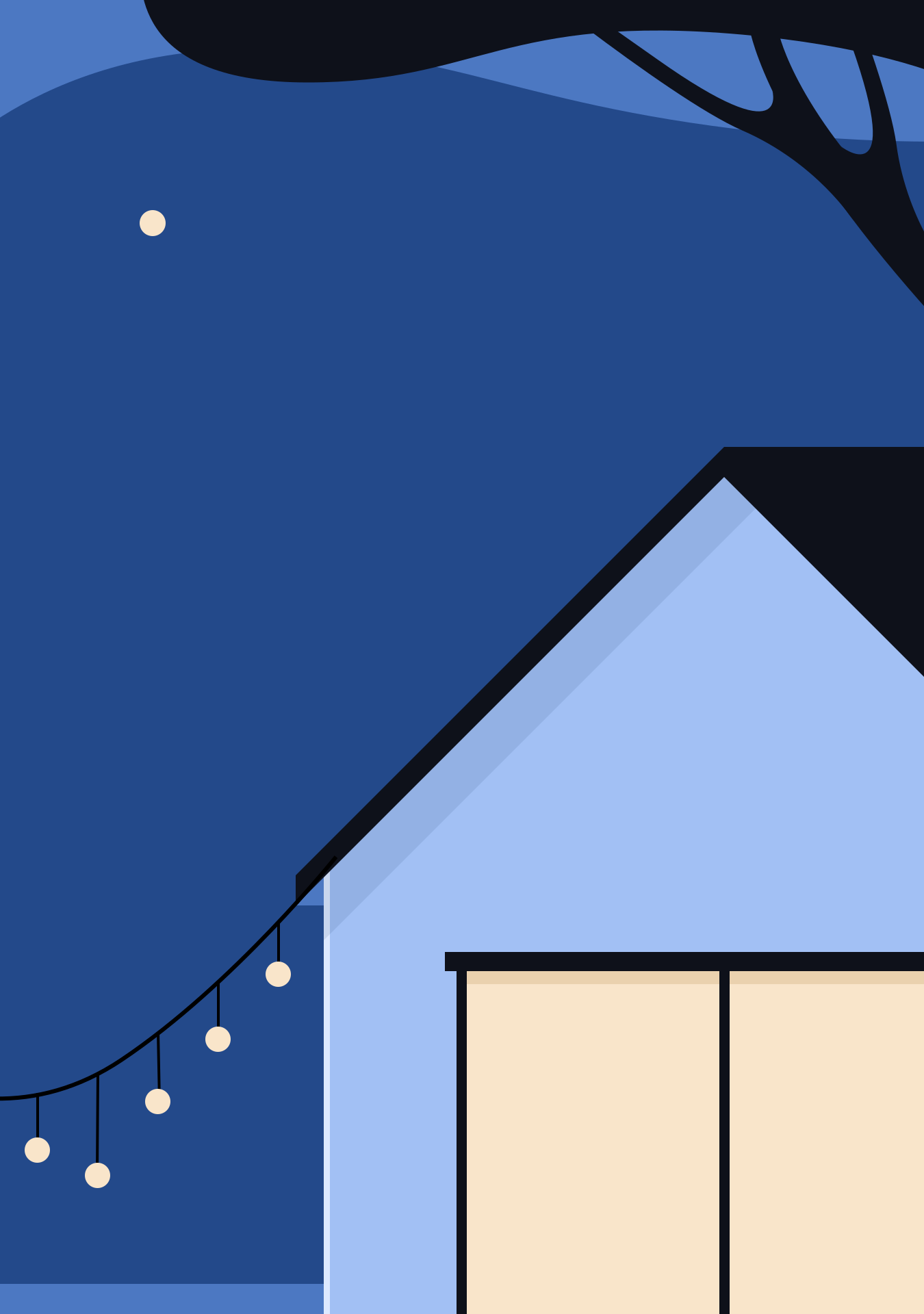 Sebuah rumah dengan lampu tali di langit malam biru gelap