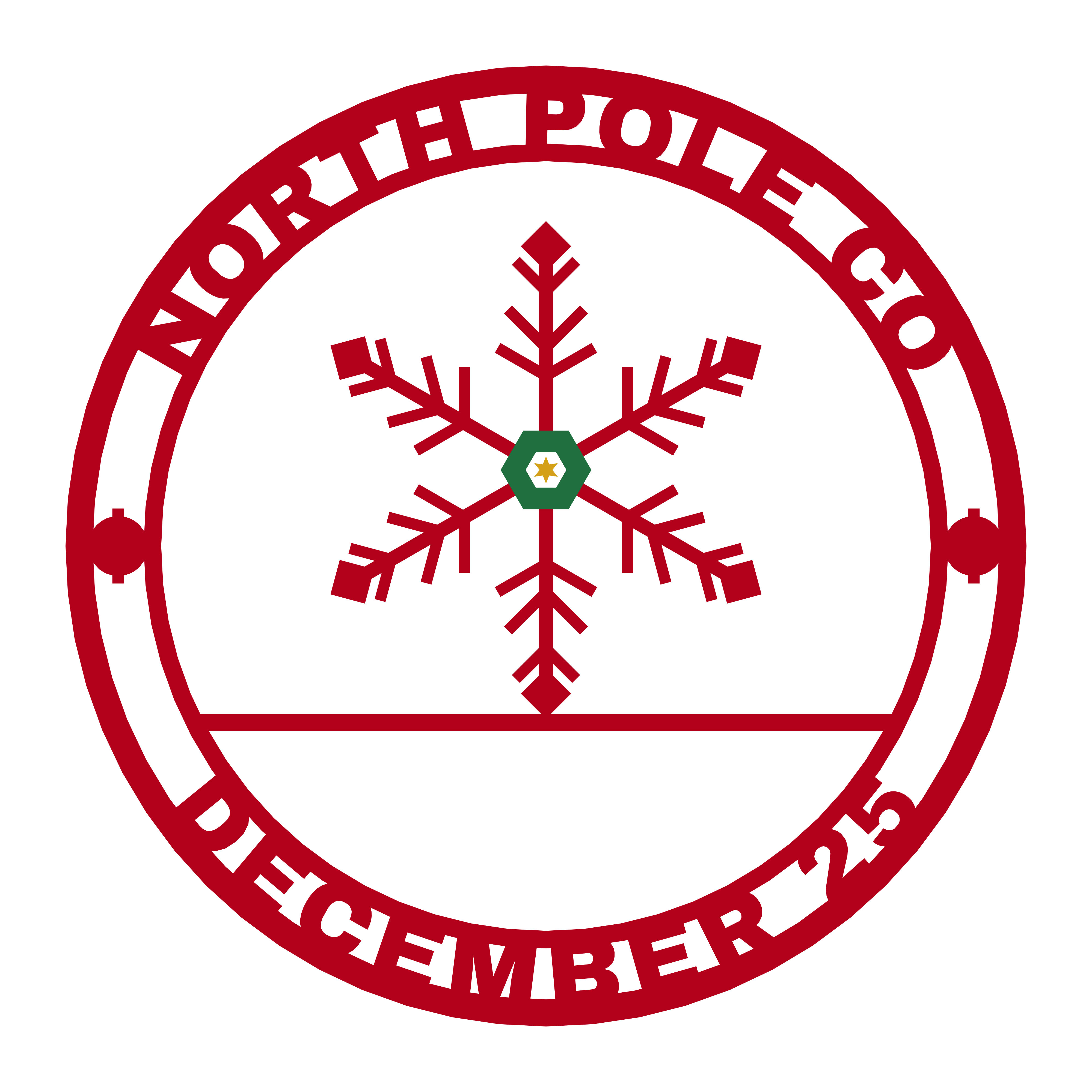 雪の結晶が描かれた円形の赤い切手で、「North Pole Co December 25」と書かれています