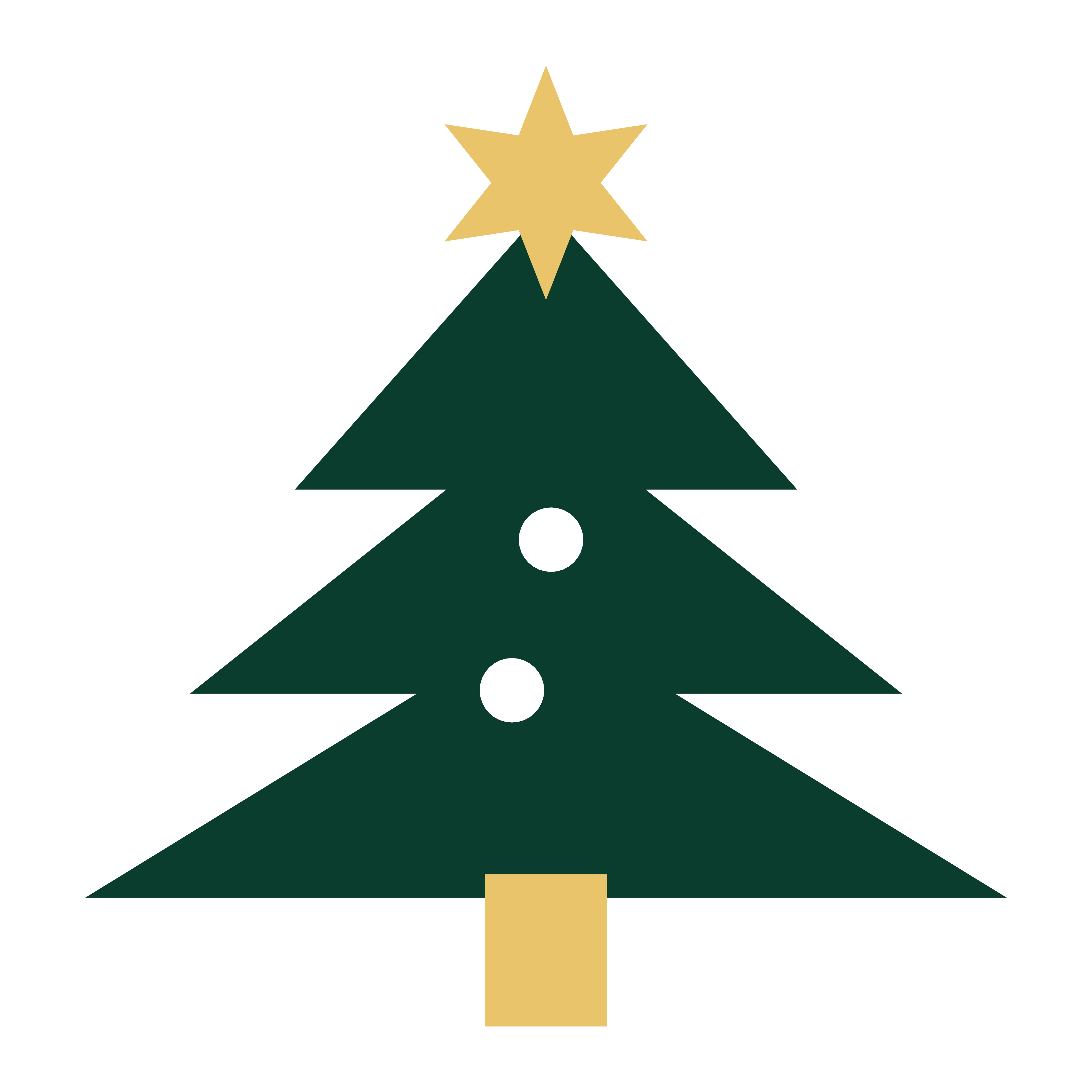Un sapin de Noël stylisé vert foncé avec une étoile dorée et des ornements blancs