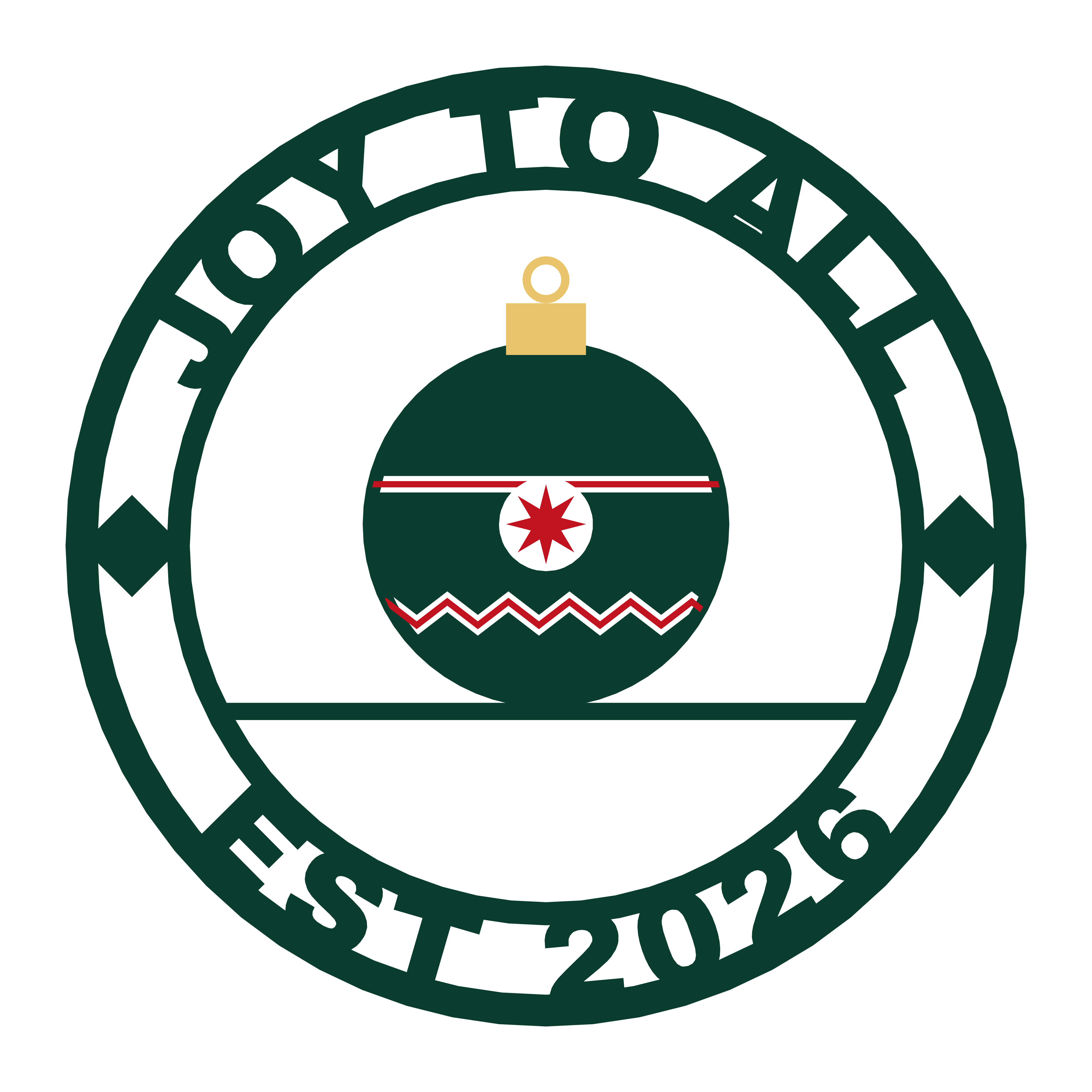 円形の緑色のエンブレムにクリスマスのオーナメントと「JOY TO ALL」という文字が書かれています