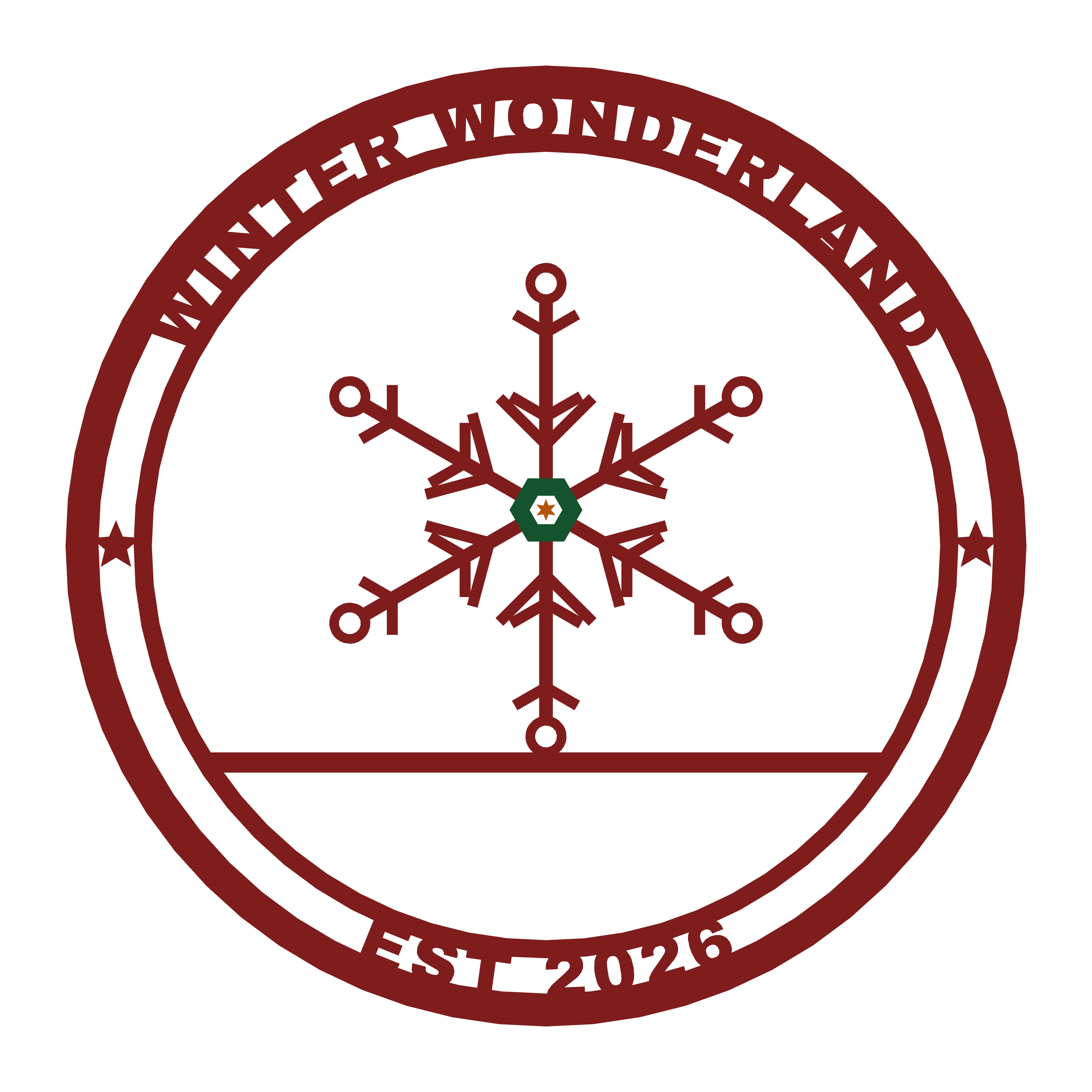 Un emblema circular con un copo de nieve y el texto Winter Wonderland and Est 2026
