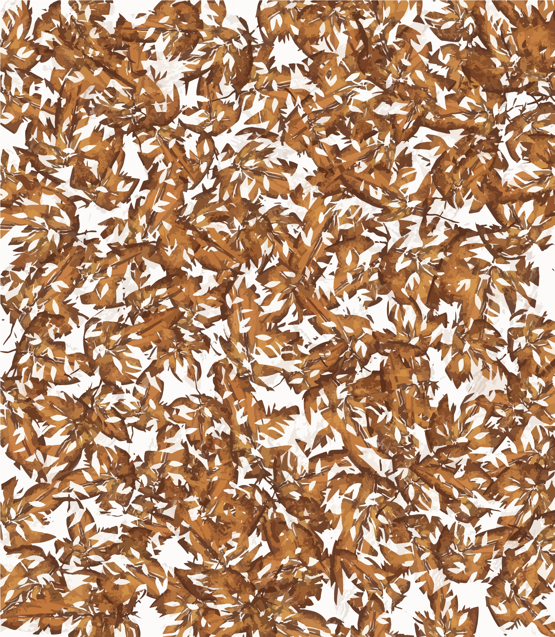 Um padrão denso de folhas marrons sobrepostas sobre um fundo branco