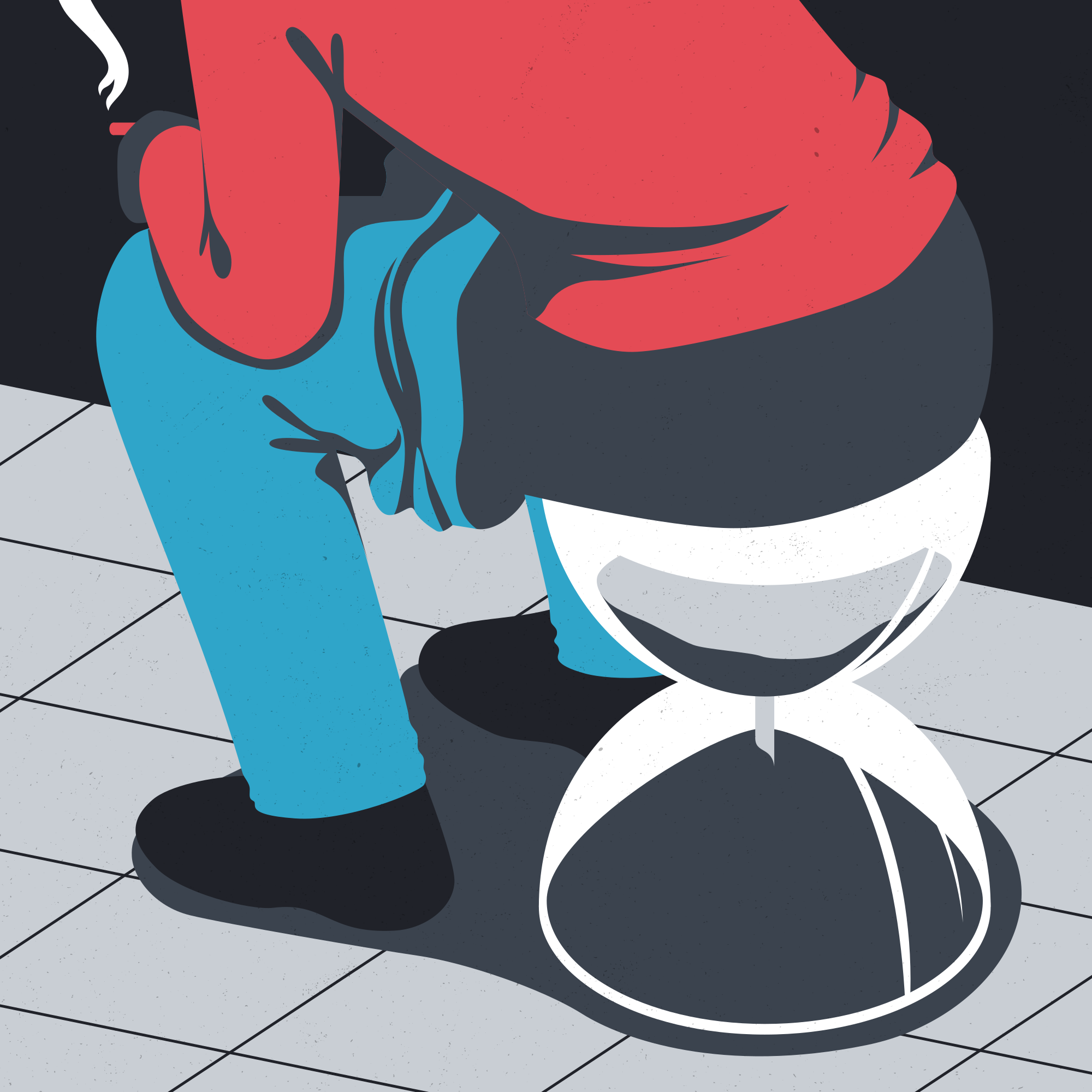 Una persona con una camicia rossa e pantaloni blu seduta su una clessidra