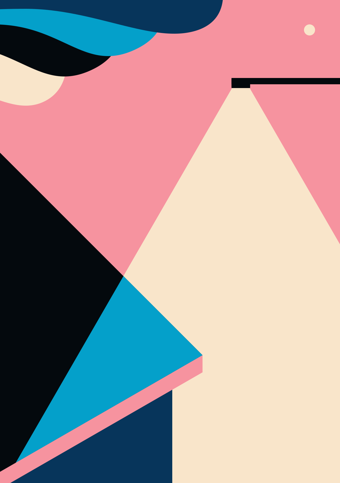 Formas geométricas abstractas en rosa, azul, negro y crema con un haz de luz